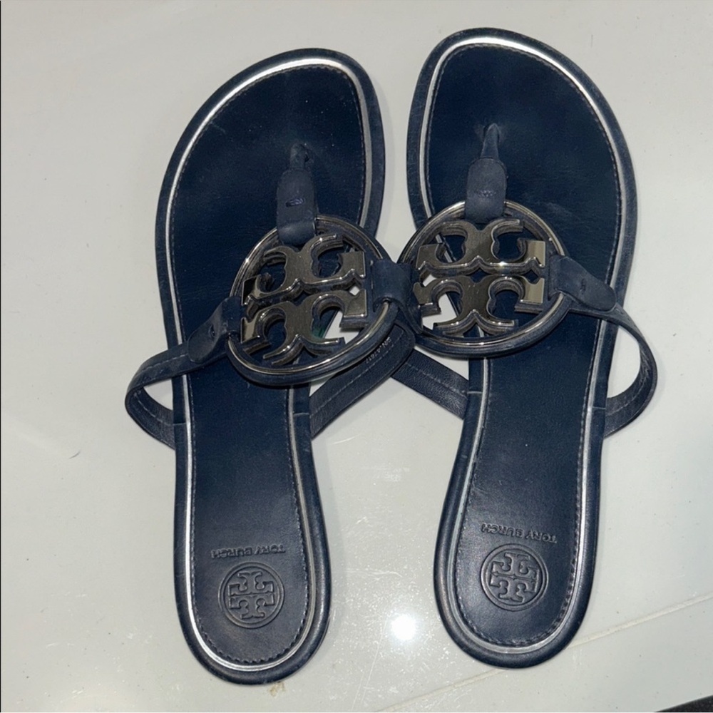 Tory Burch Navy Sandals with Logo Accent - Picture 2 of 3